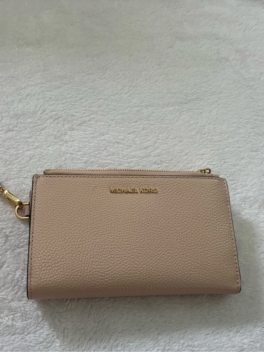 Michael Kors Pebbled Leather Wristlet in Taupe Beige with Gold Hardware
